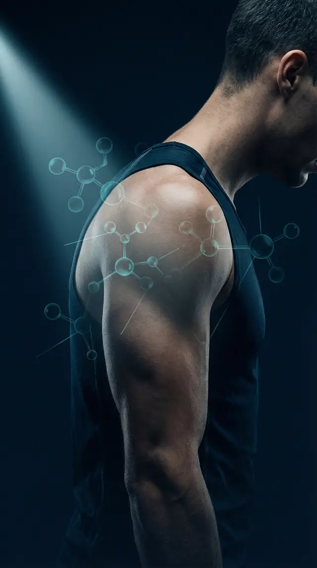 Athletic physique with molecular overlay for muscle growth peptides