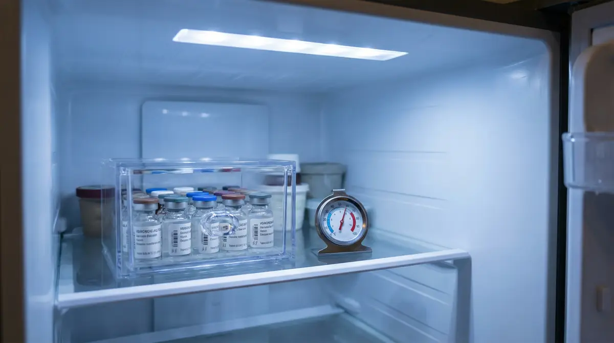 Peptide vials stored in refrigerator with thermometer